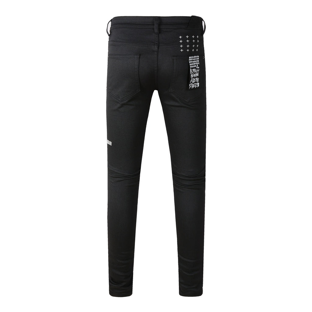 Men's Black Coated Embroidered Distressed Skinny Jeans - Stretch Denim