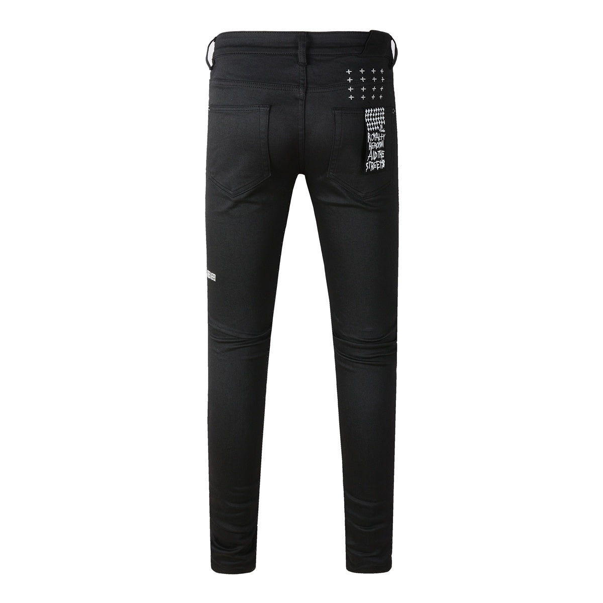 Men's Black Coated Embroidered Distressed Skinny Jeans - Stretch Denim