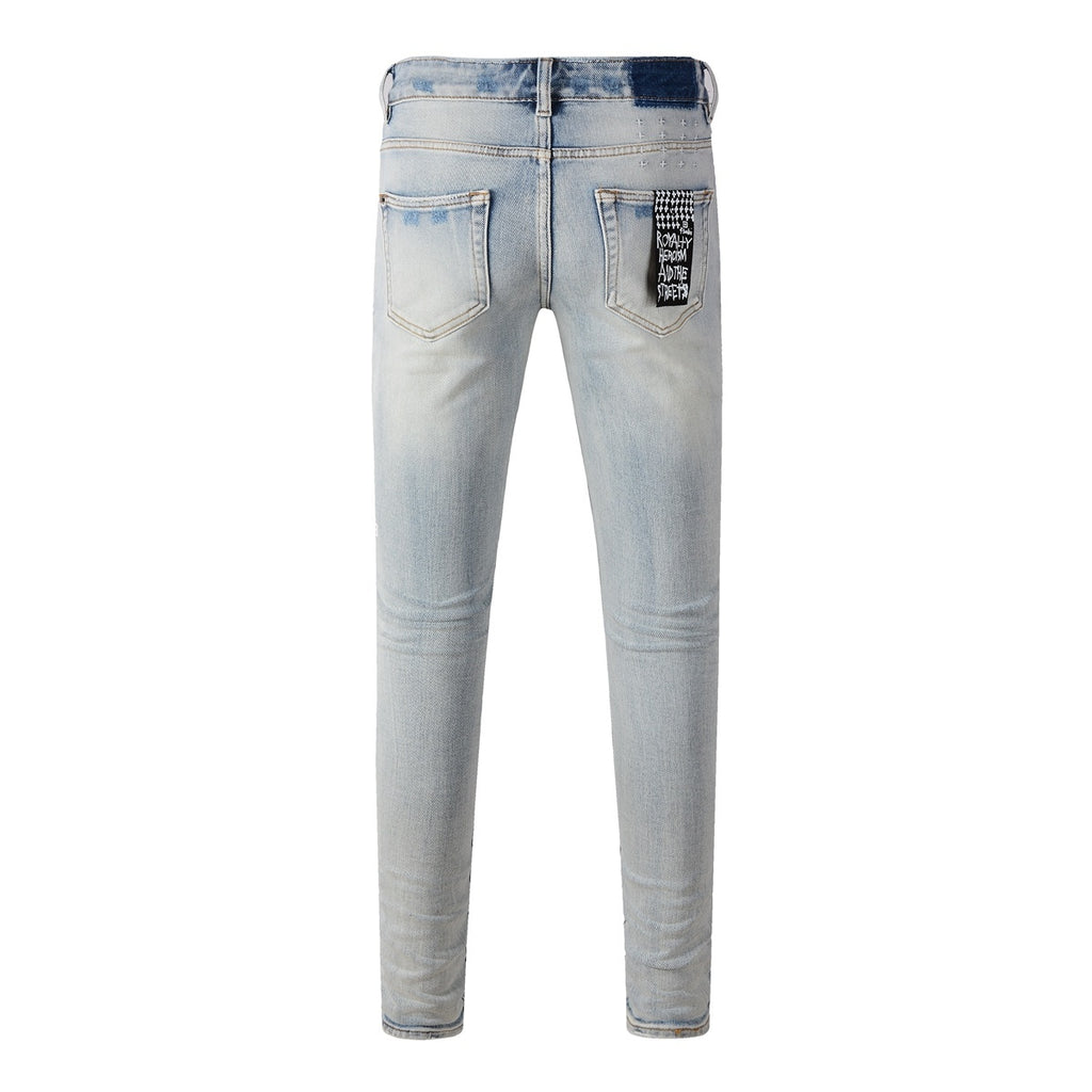 Men's Light Wash Artistic Patchwork Distressed Skinny Jeans - Stretch Denim