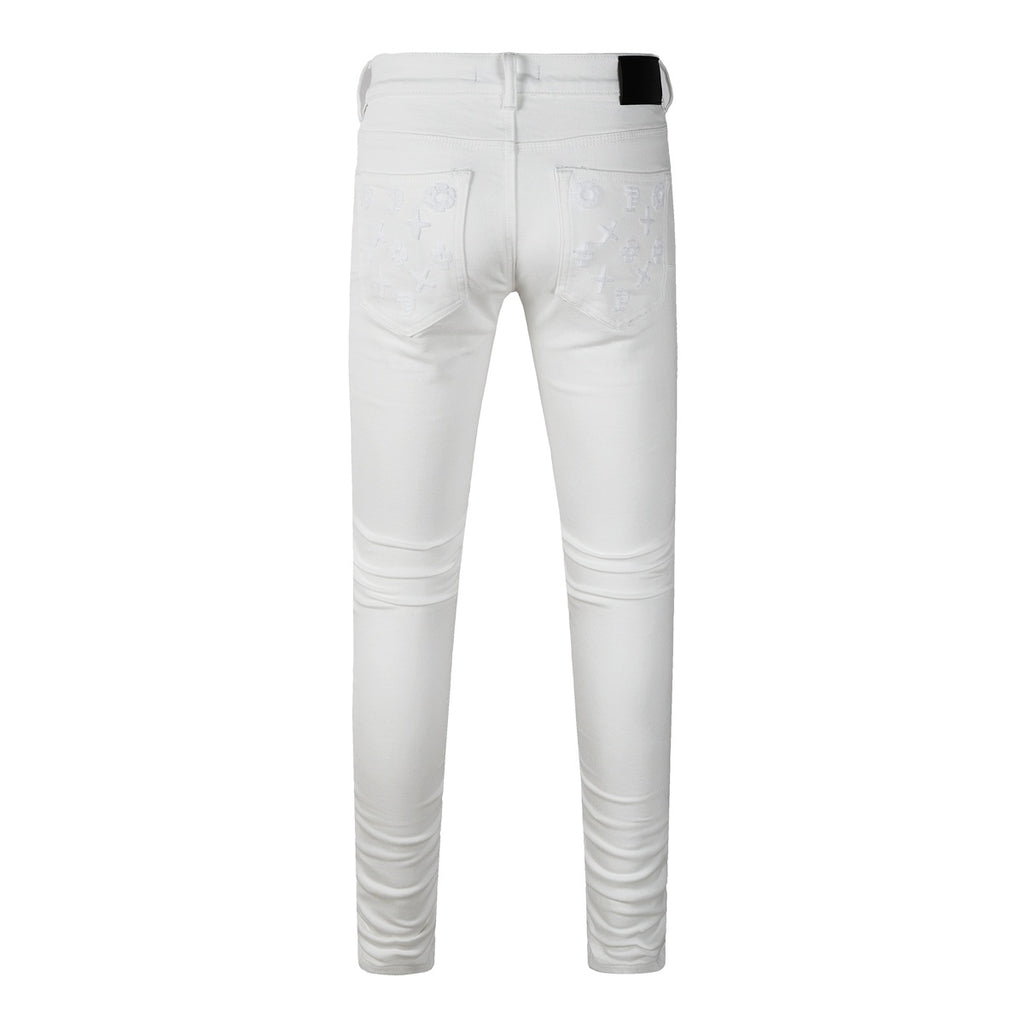 Men's Distressed White Skinny Jeans with Embroidered Patterns & Ripped Holes & Button Fly