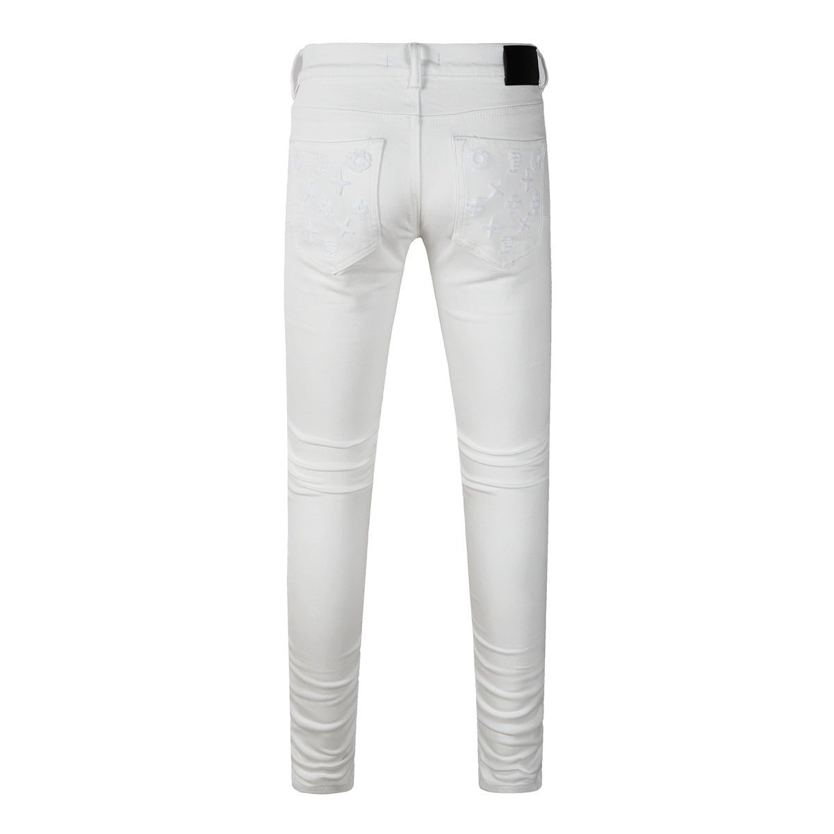 Men's Distressed White Skinny Jeans with Embroidered Patterns & Ripped Holes & Button Fly