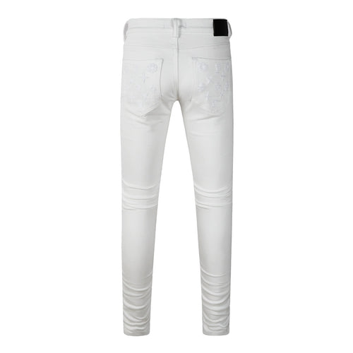 Men's Distressed White Skinny Jeans with Embroidered Patterns & Ripped Holes & Button Fly