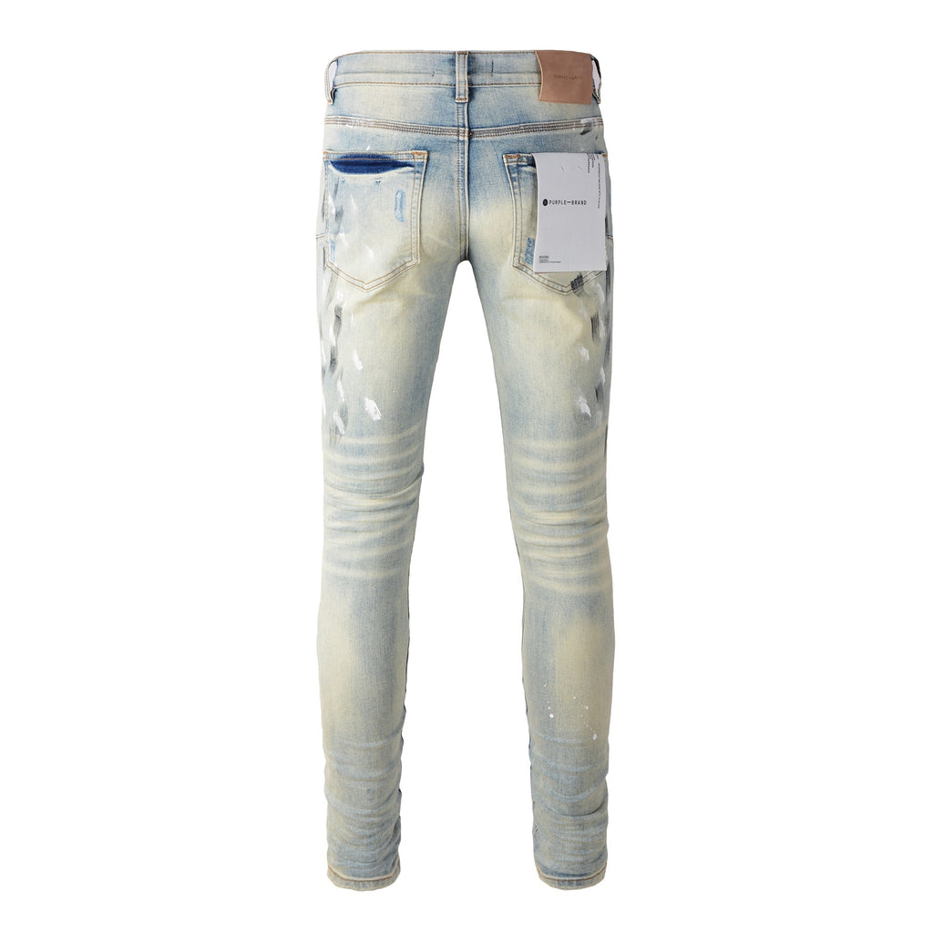 Men's High Street Distressed Blue Destroyed Hole Slim Fit Spray Paint Ripped Jeans