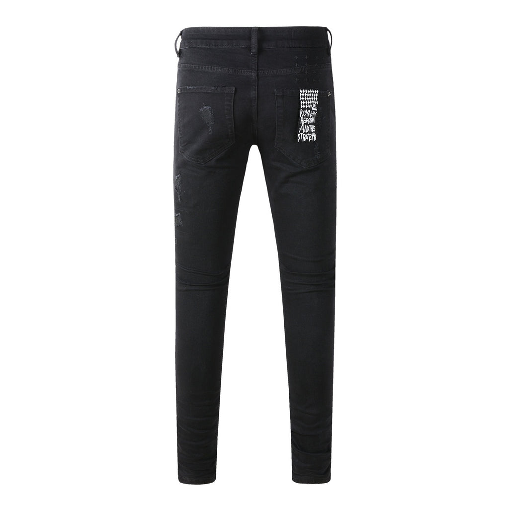 Men's Black Heavy Distressed Bandana Patch Skinny Jeans - Stretch Denim