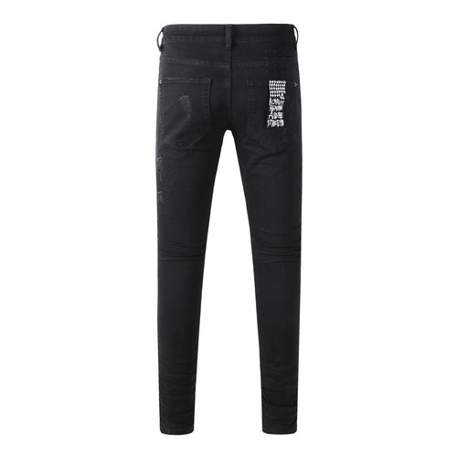 Men's Black Heavy Distressed Bandana Patch Skinny Jeans - Stretch Denim