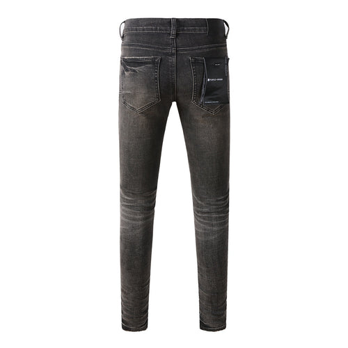 Men's Distressed Black Gray Patchwork Skinny Jeans with Ripped Holes & Button Fly