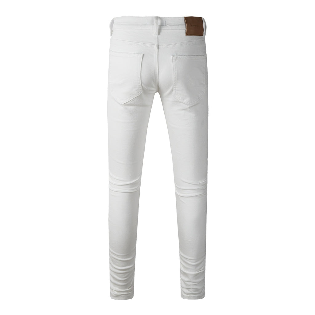 Men's Distressed White Beige Skinny Jeans with Ripped Holes & Button Fly