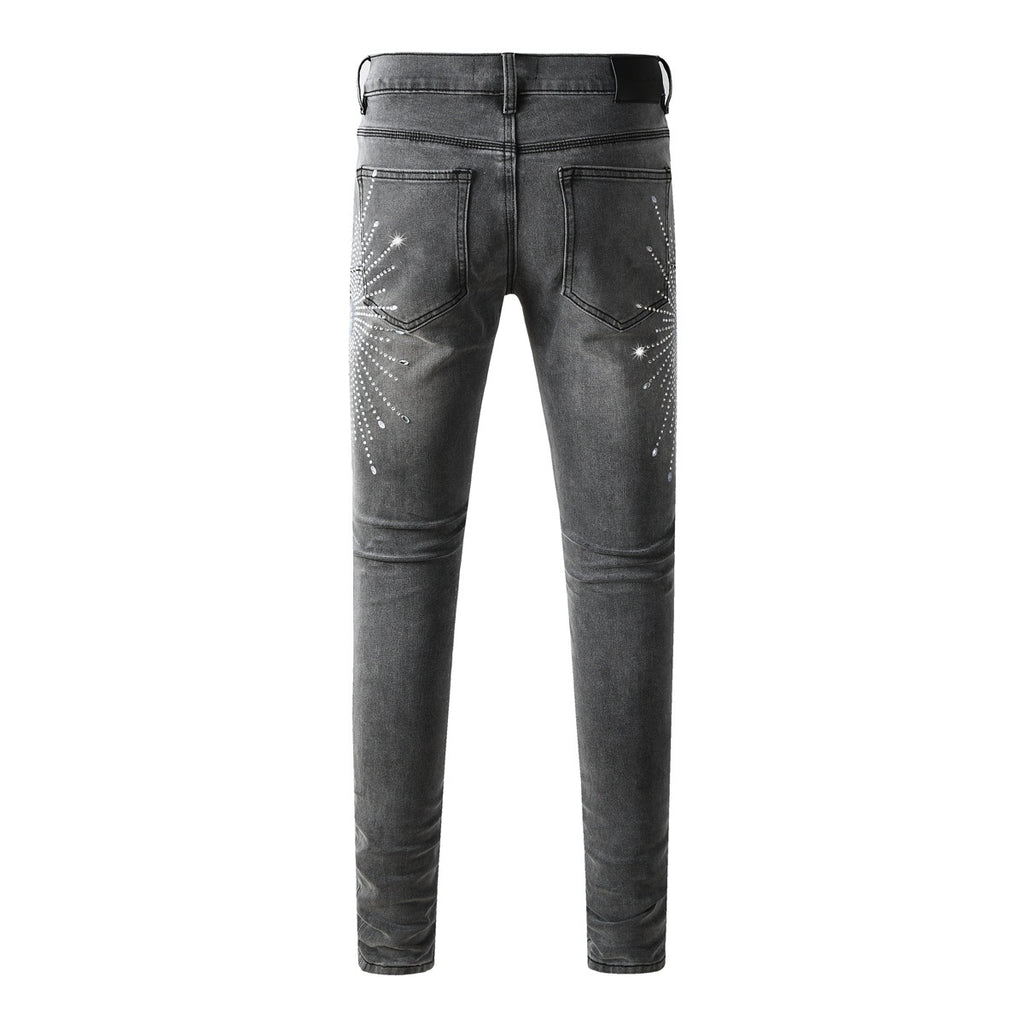 Men's Distressed Skinny Jeans with Ripped Holes, Rhinestones & Button Fly