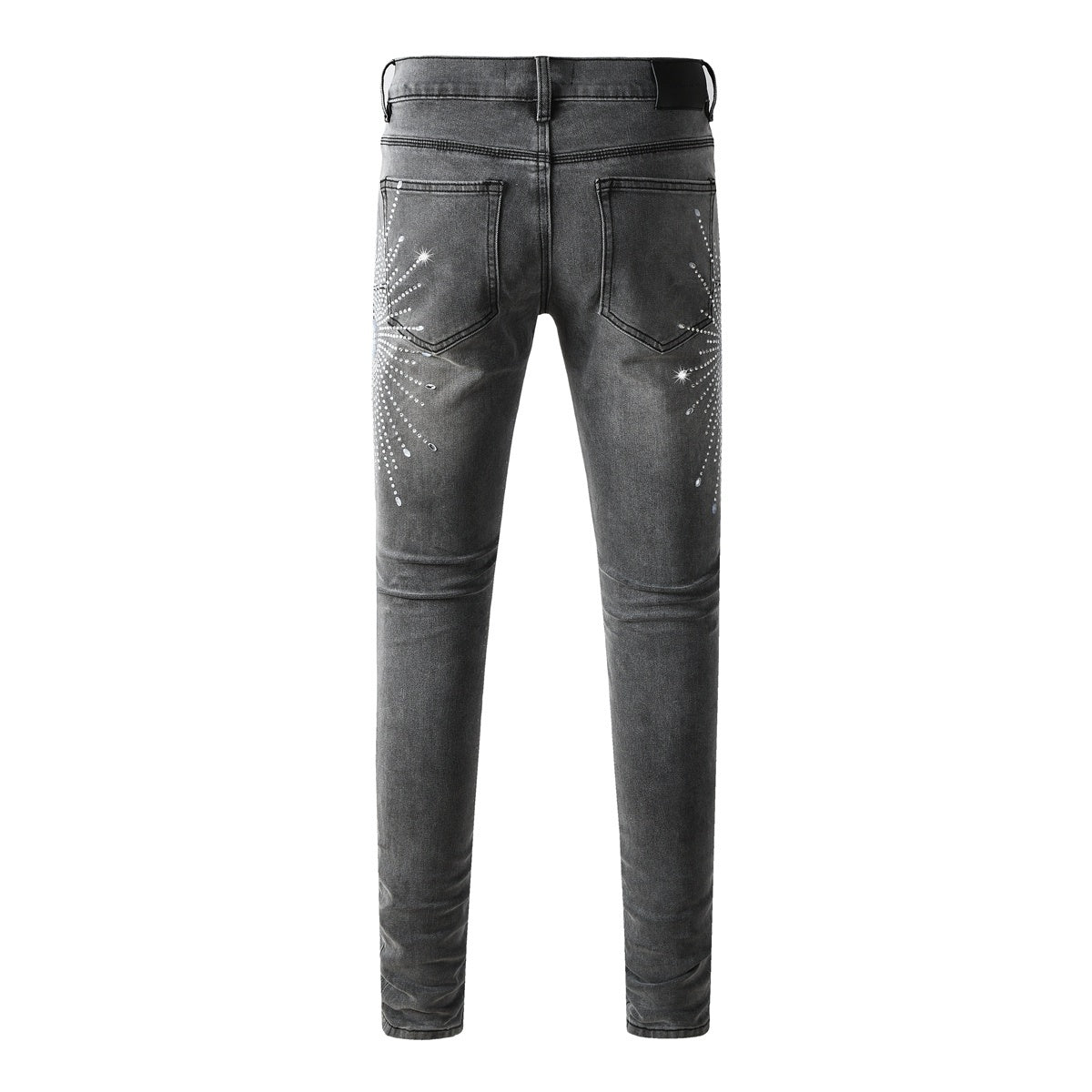 Men's Distressed Skinny Jeans with Ripped Holes, Rhinestones & Button Fly