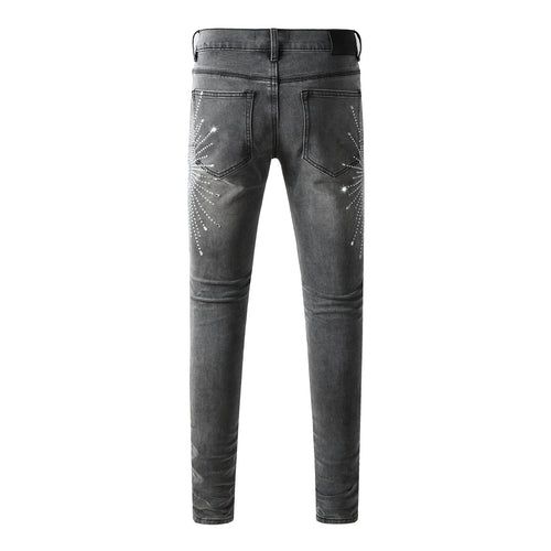 Men's Distressed Skinny Jeans with Ripped Holes, Rhinestones & Button Fly