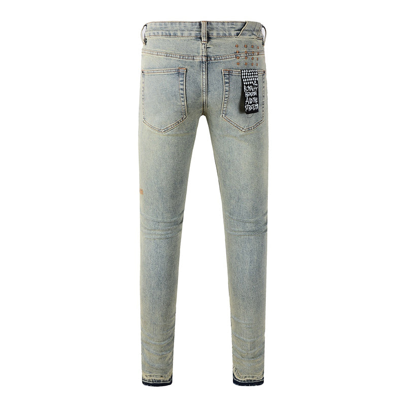 Men’s Vintage Light Wash Skull Print Skinny Jeans - Streetwear Denim Pants