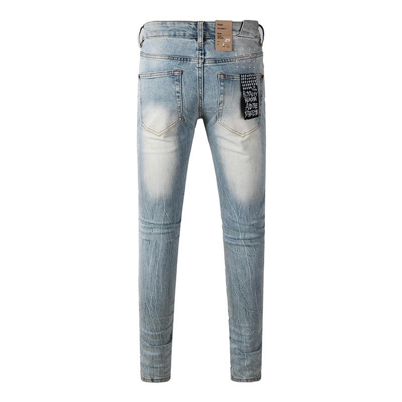 Men's Ksubi-Style Light Wash Rhinestone Logo Skinny Jeans - Streetwear Denim