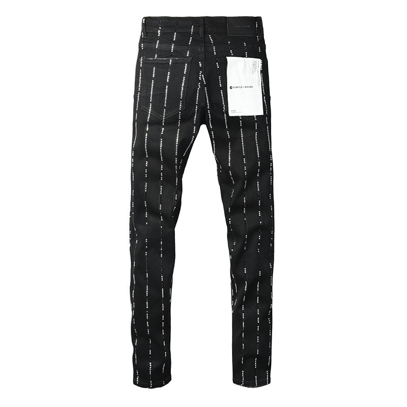 Men's Black Vertical Rhinestone Striped Skinny Jeans | Streetwear Slim Fit Denim Pants