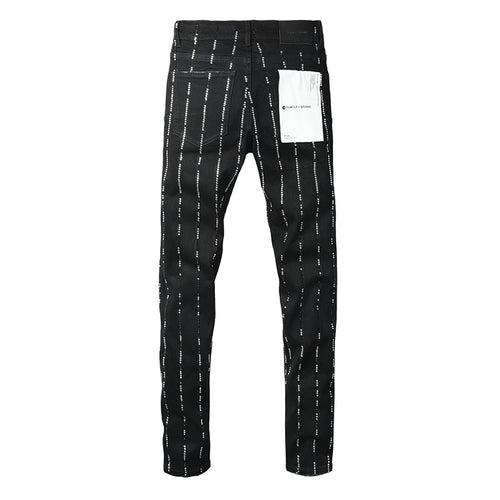 Men's Black Vertical Rhinestone Striped Skinny Jeans | Streetwear Slim Fit Denim Pants