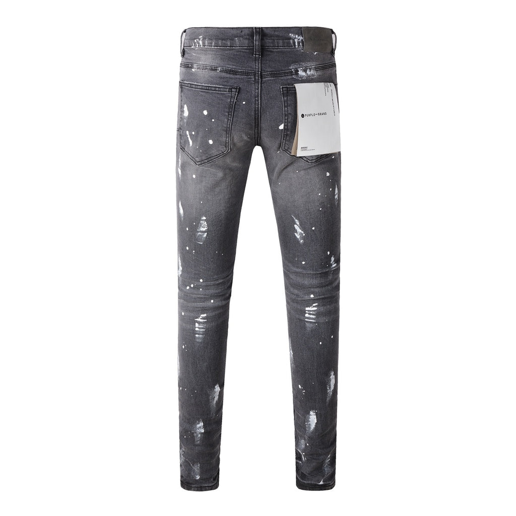 Men's Slim Fit Distressed Gray Damaged Holes Graffiti Stretch Ripped Jeans