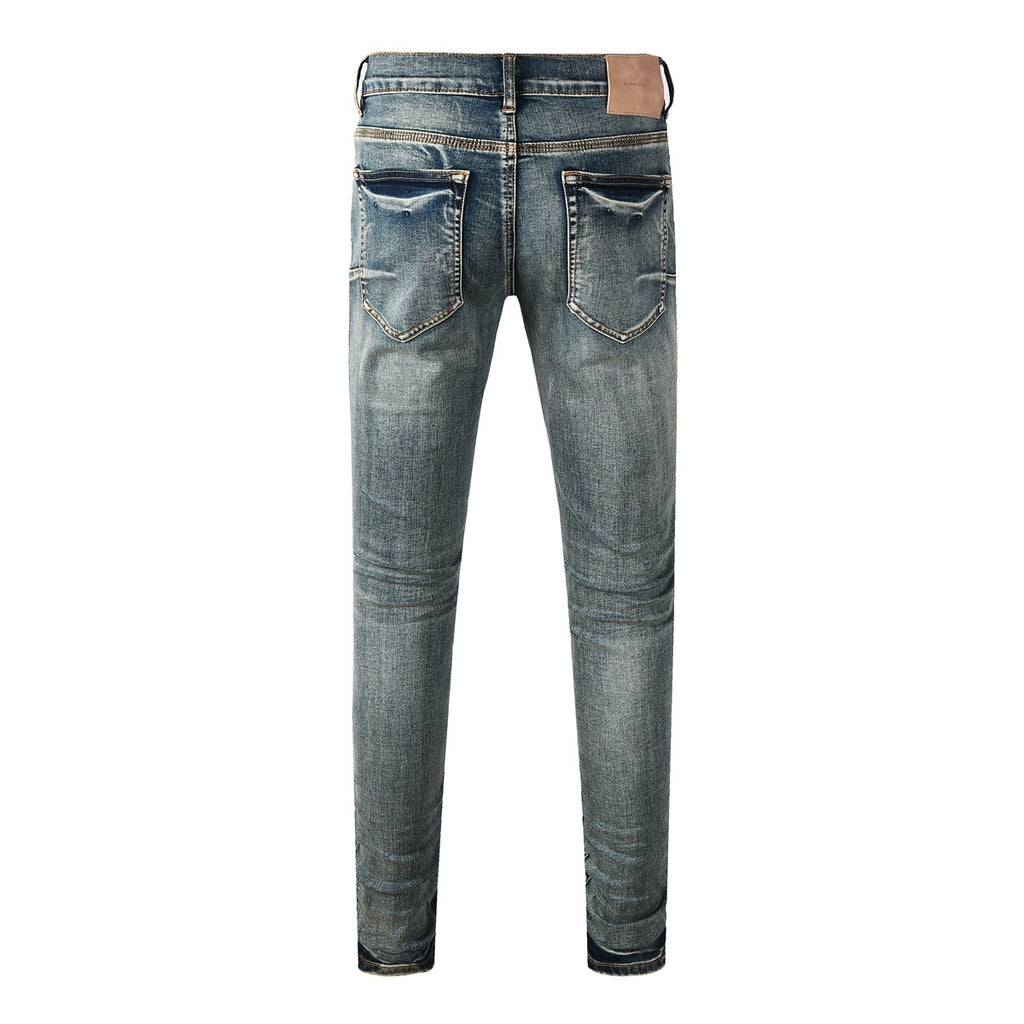 Men's Distressed Blue Skinny Jeans with Devil Suture Design & Ripped Holes & Button Fly