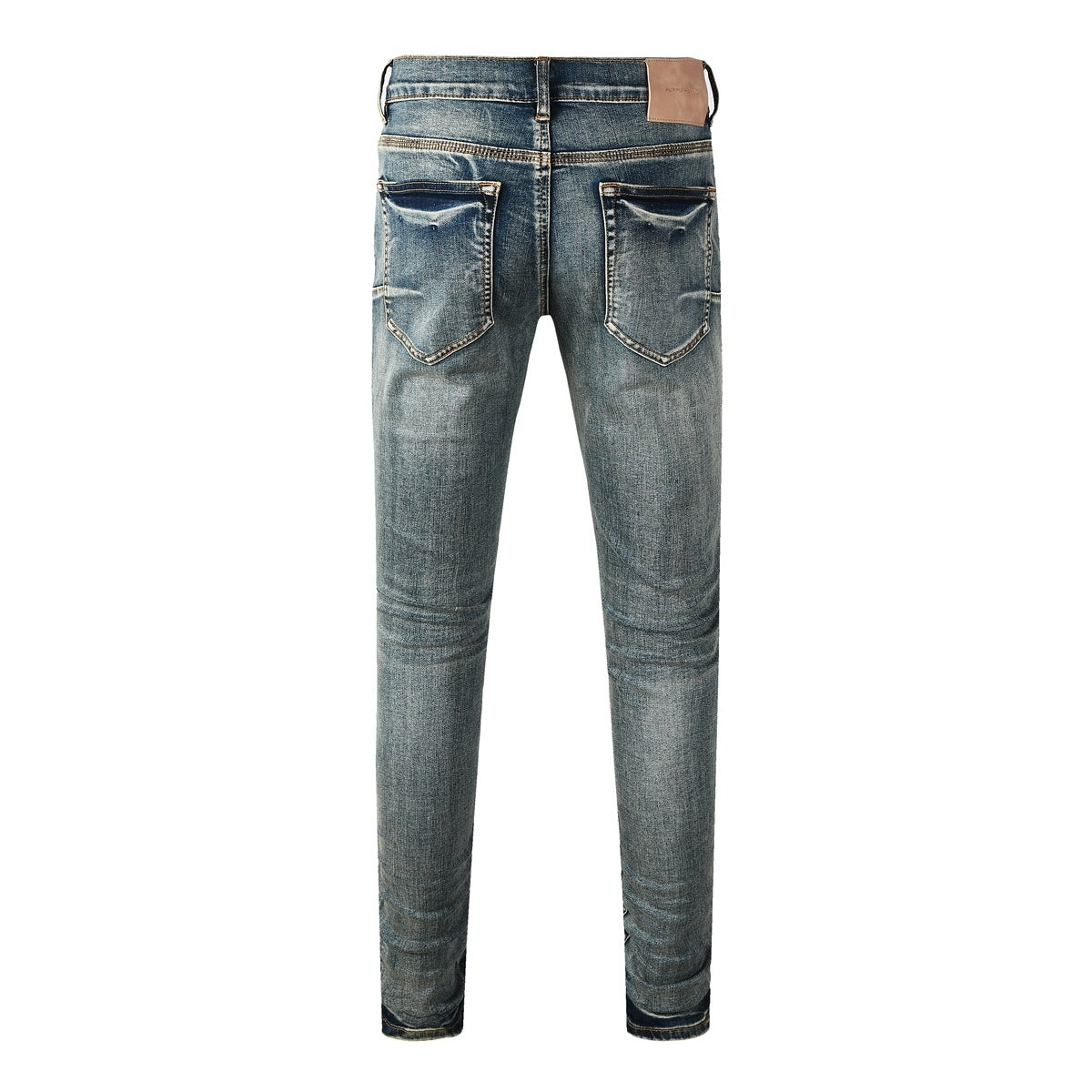 Men's Distressed Blue Skinny Jeans with Devil Suture Design & Ripped Holes & Button Fly