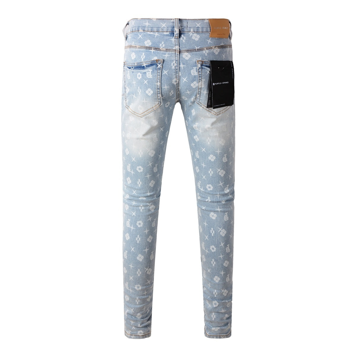 Men's Distressed Light Blue Skinny Jeans with Laser Print Patterns & Button Fly