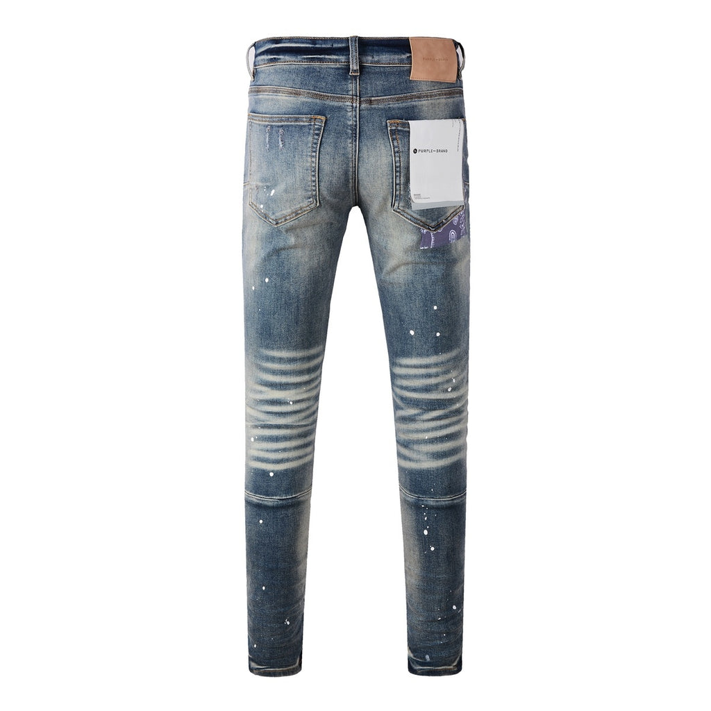 Men's Streetwear Classical Blue Distressed Bandanna Patchwork Stretch Slim Fit Ripped Jeans