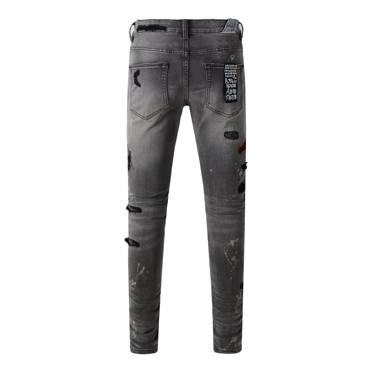 Men's Grey Wash Embroidered Distressed Skinny Jeans - Stretch Denim