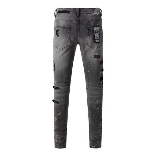 Men's Grey Wash Embroidered Distressed Skinny Jeans - Stretch Denim