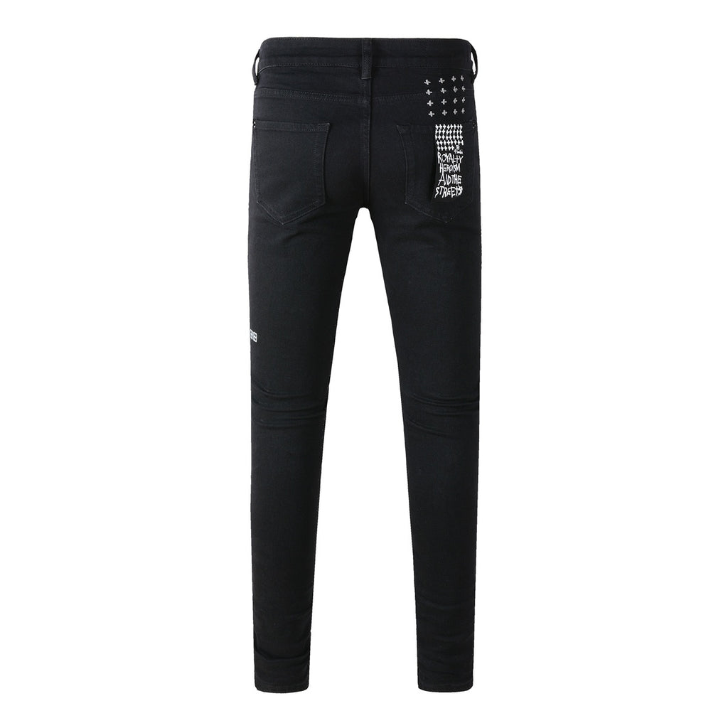 Men's Black Knee Slit Distressed Skinny Jeans - Stretch Denim