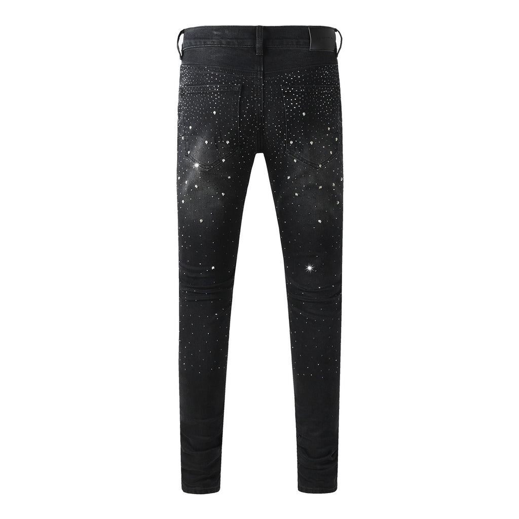 Men's Distressed Black Skinny Jeans with Ripped Holes, Rhinestones & Button Fly