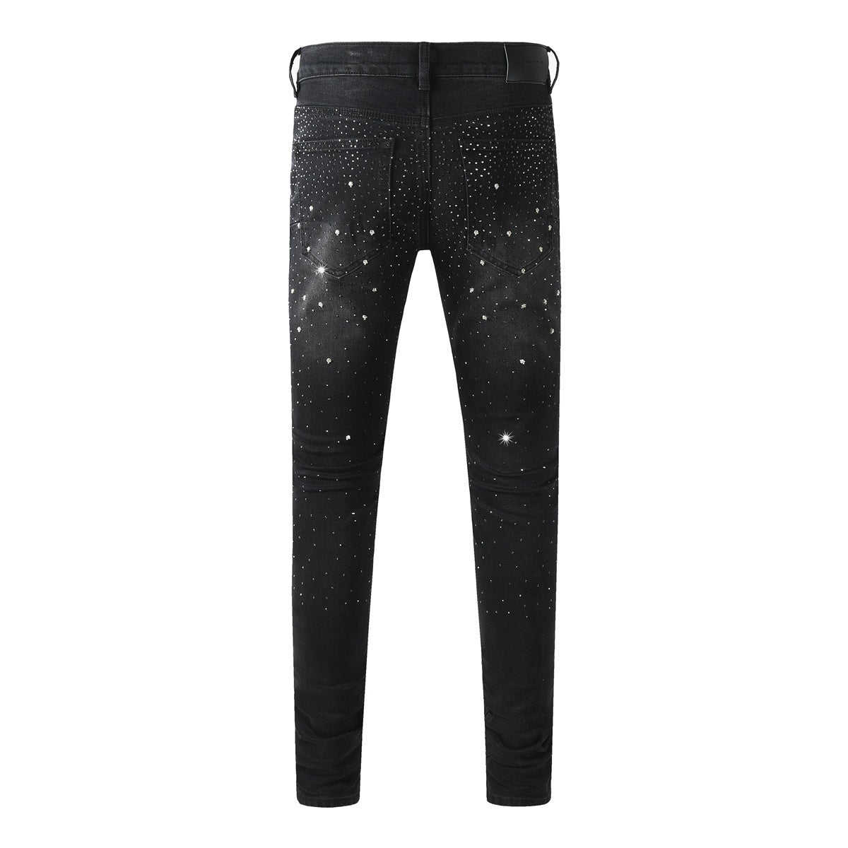 Men's Distressed Black Skinny Jeans with Ripped Holes, Rhinestones & Button Fly