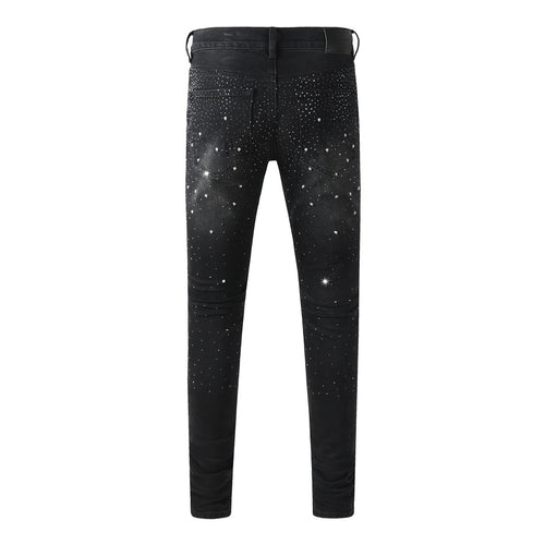 Men's Distressed Black Skinny Jeans with Ripped Holes, Rhinestones & Button Fly