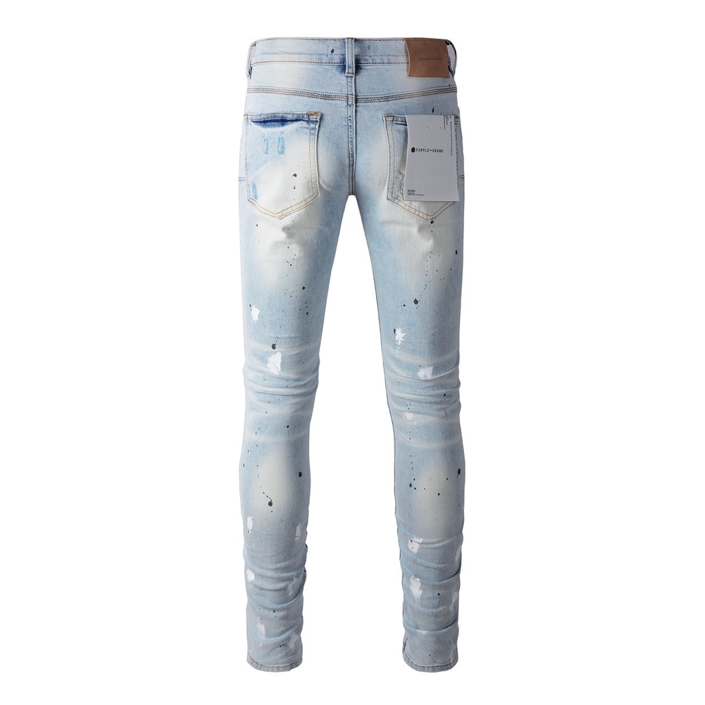 Men's High Street Washed Light Blue Distressed Damaged Holes Ripped Jeans