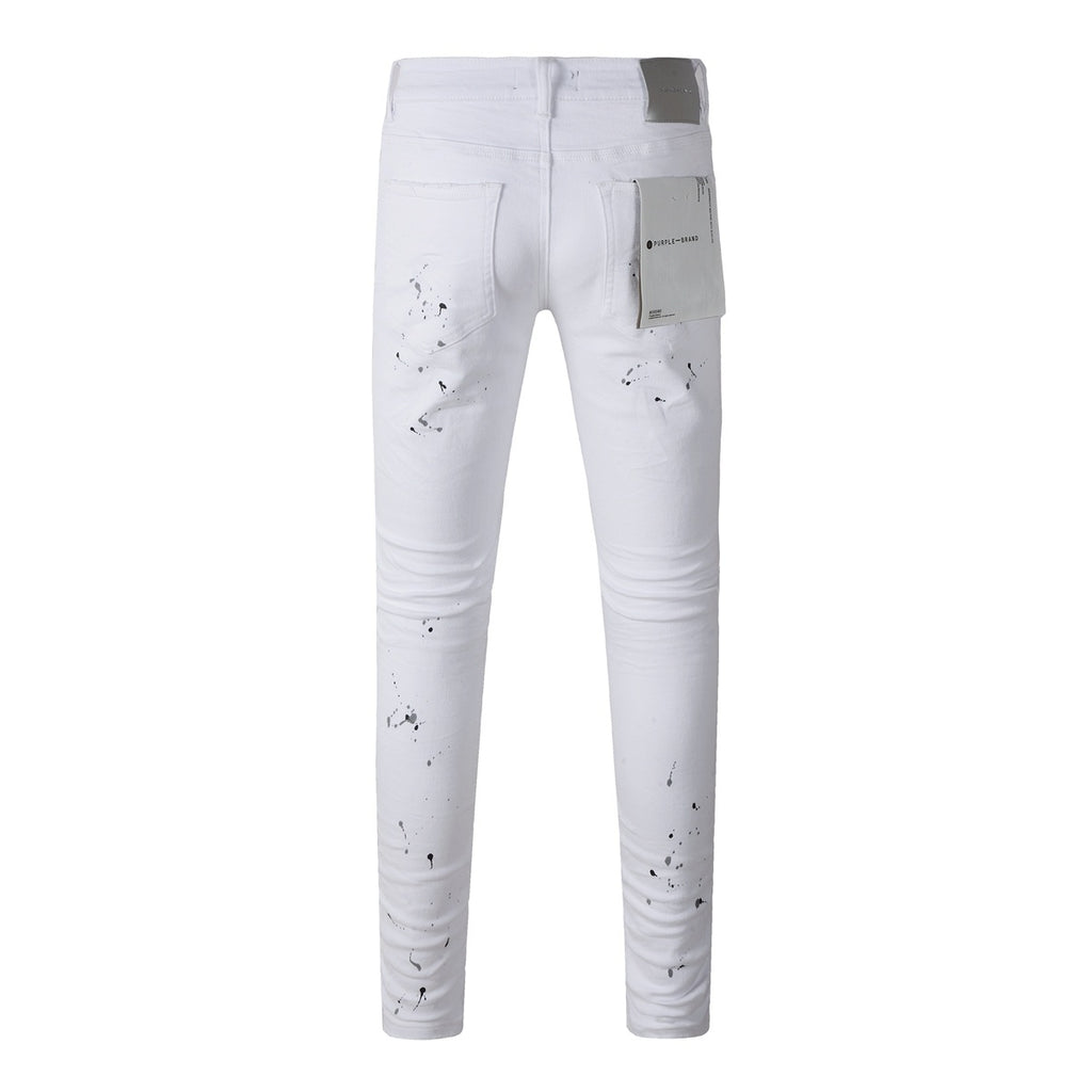 Men's White Distressed Damaged Holes High Stretch Slim Fit Spray Paint Ripped Jeans