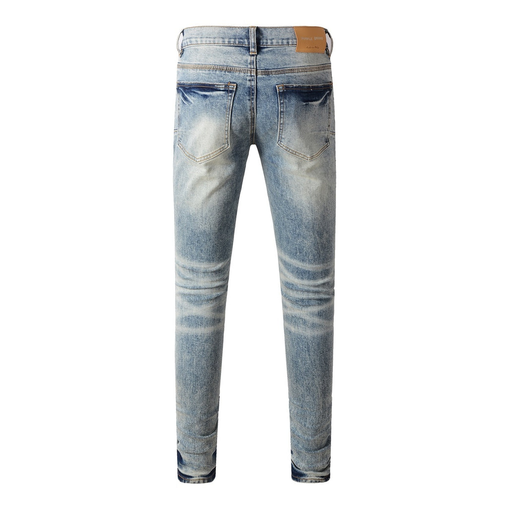 Men's Distressed Light Blue Slim Fit Patchwork Skinny Jeans with Ripped Holes & Button Fly