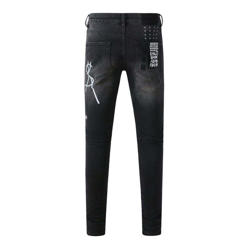 Men's Black Wash Cross-Studded Distressed Skinny Jeans - Stretch Denim