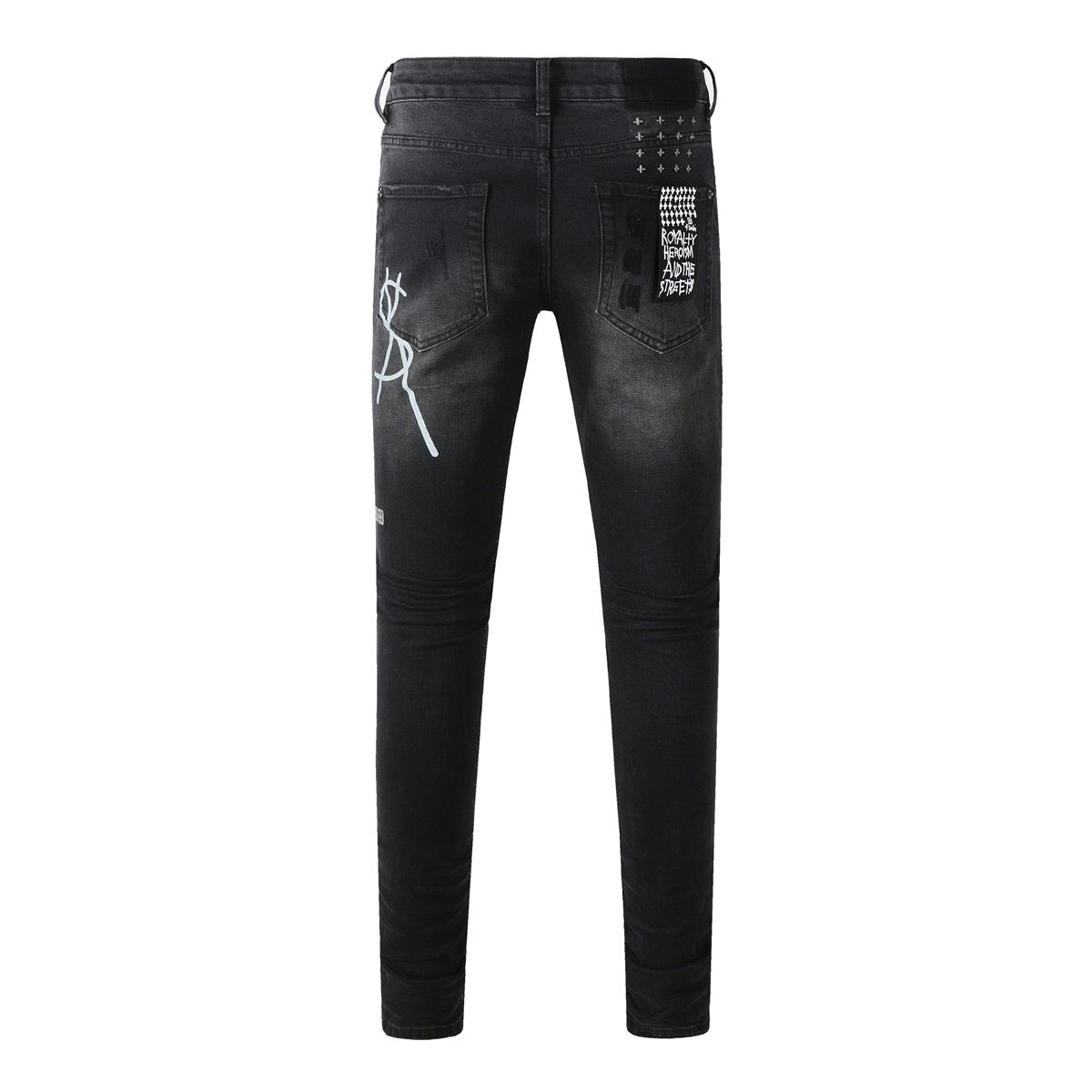 Men's Black Wash Cross-Studded Distressed Skinny Jeans - Stretch Denim