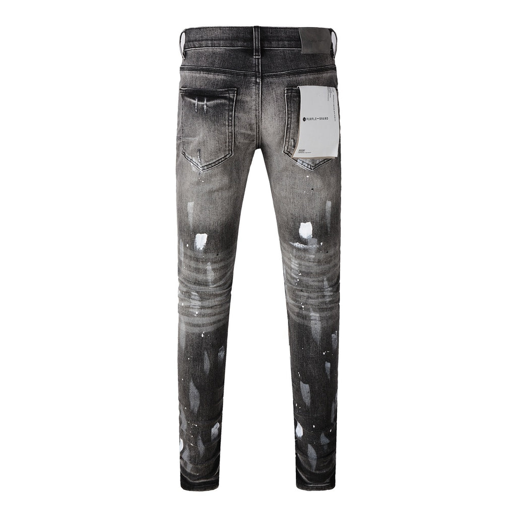 Men's High Street Distressed Gray Damaged Holes Spray Painted Stretch Slim Fit Ripped Jeans