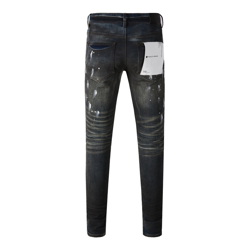 Men's High Street Distressed Black Spray Painted Stretch Slim Fit Ripped Jeans