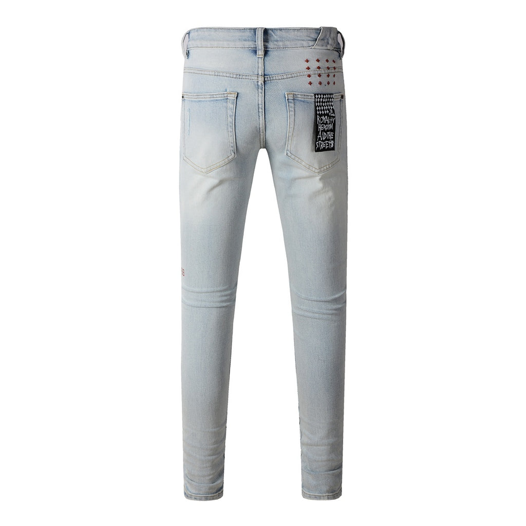 Men's Light Wash Lion Crest Patch Distressed Skinny Jeans - Stretch Denim