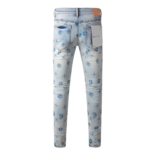 High Street Distressed Blue Laser Patterns Stretch Skinny Ripped Jeans