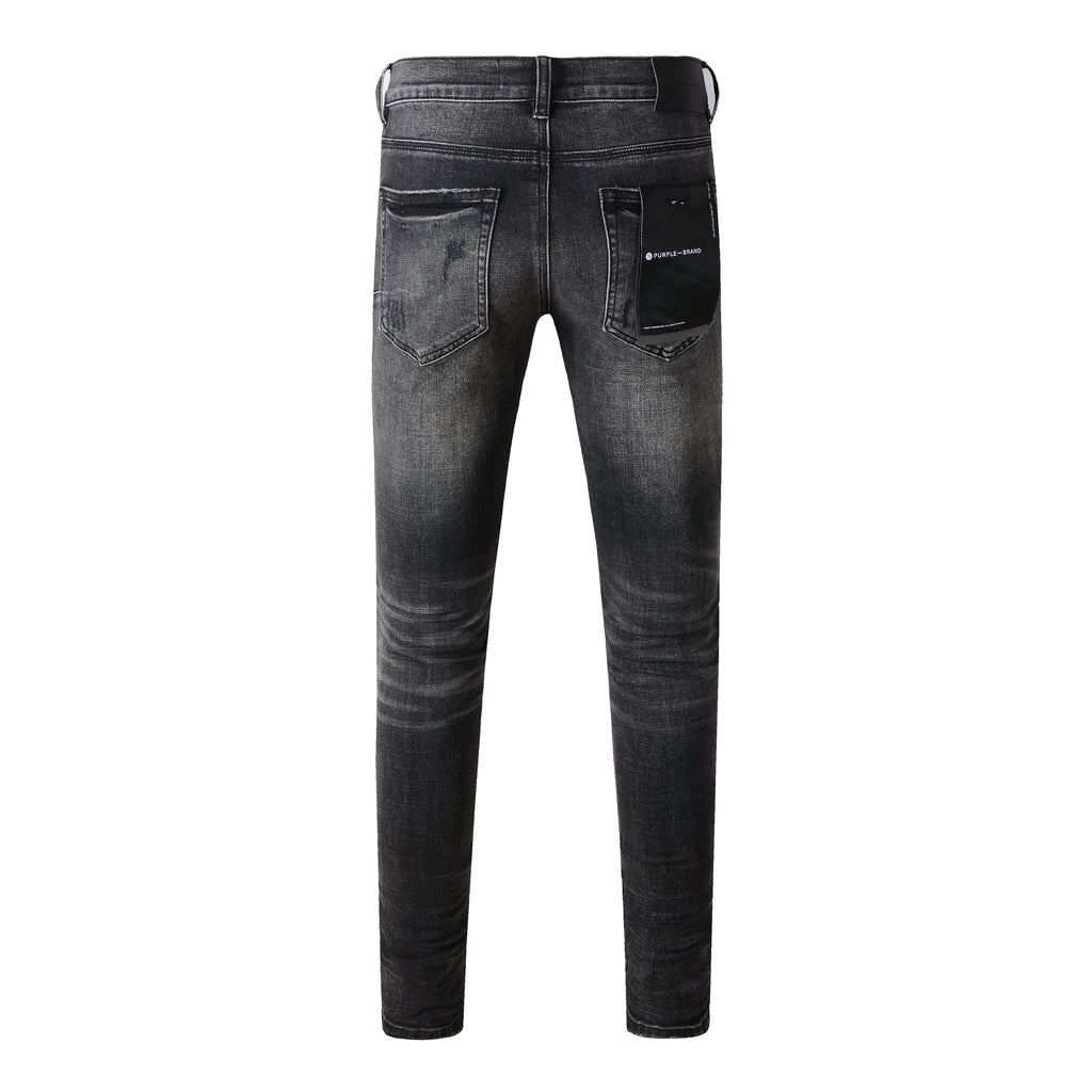 Men's Distressed Black Gray Skinny Jeans with Ripped Holes & Button Fly