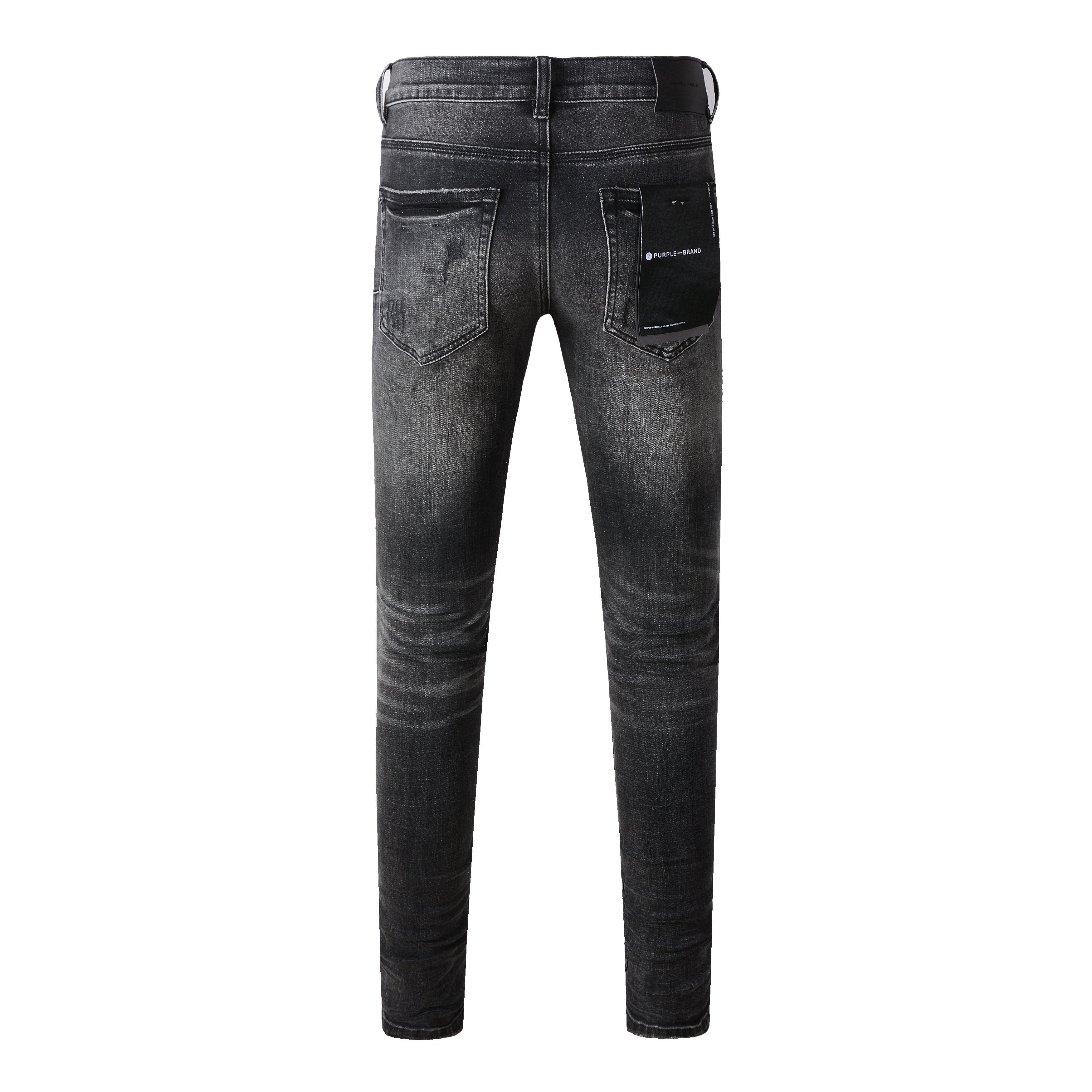Men's Distressed Black Gray Skinny Jeans with Ripped Holes & Button Fly