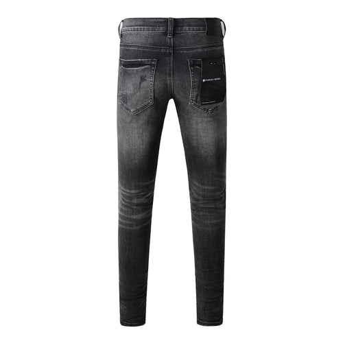 Men's Distressed Black Gray Skinny Jeans with Ripped Holes & Button Fly