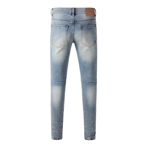 Men's Distressed Light Blue Skinny Jeans with Ripped Holes & Button Fly