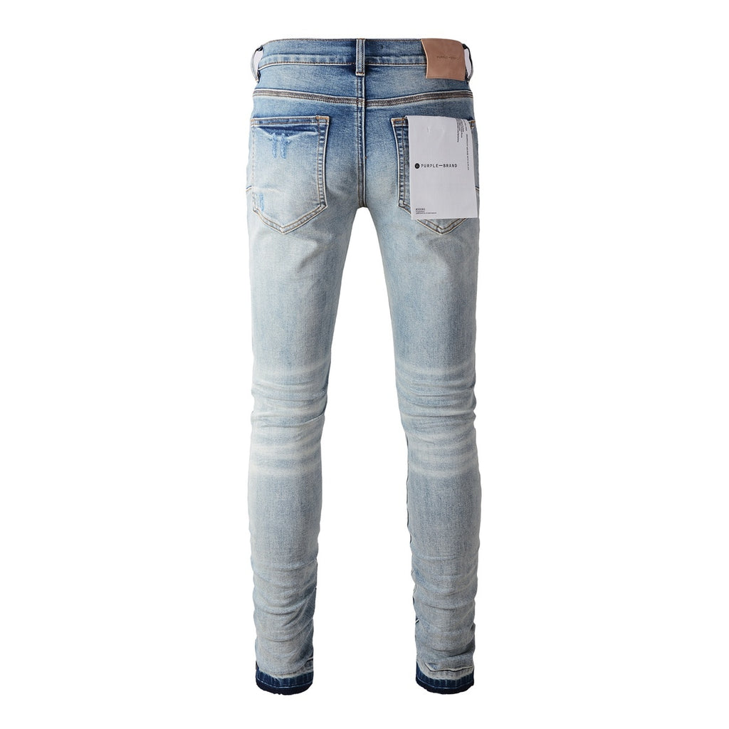 Men's Streetwear Slim Fit Distressed Light Blue Stretch Skinny Damaged Holes Raw Hems Ripped Jeans