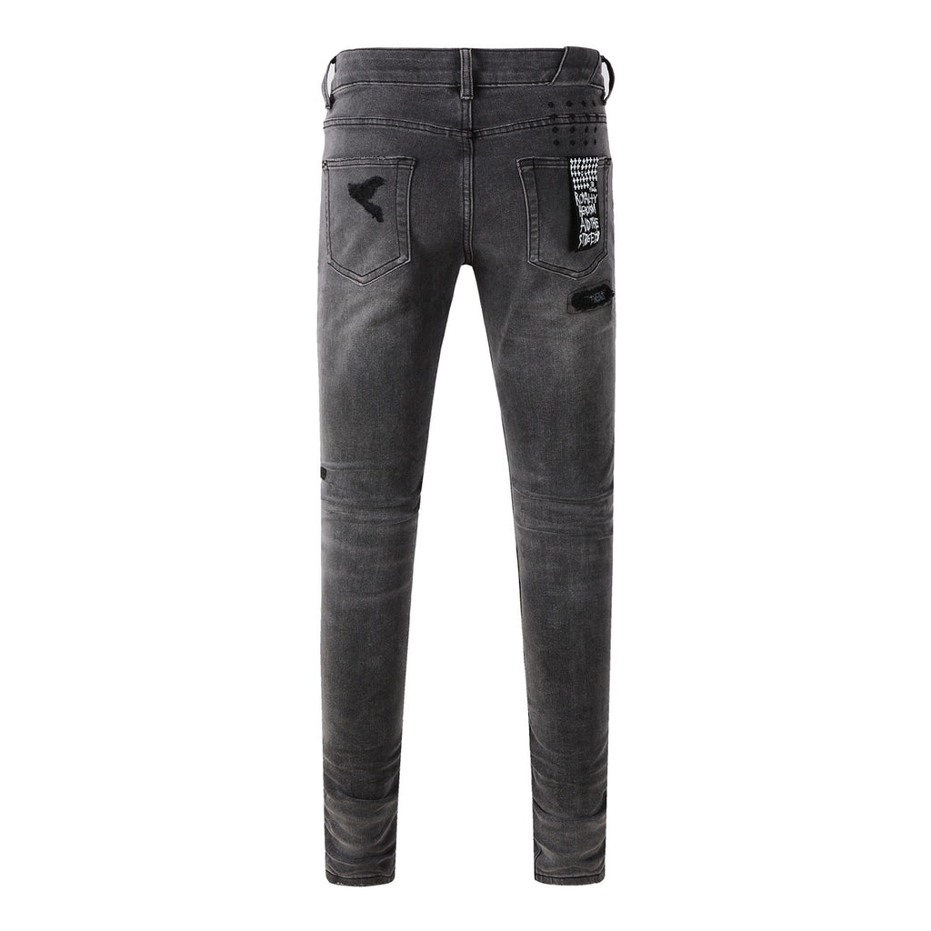 Men's Grey Wash Bandana Patch Distressed Skinny Jeans - Stretch Denim
