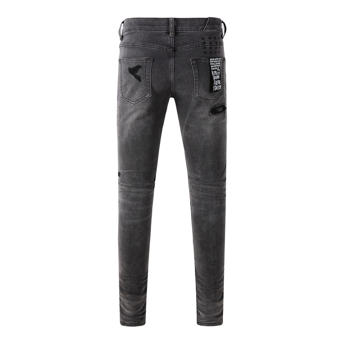 Men's Grey Wash Bandana Patch Distressed Skinny Jeans - Stretch Denim