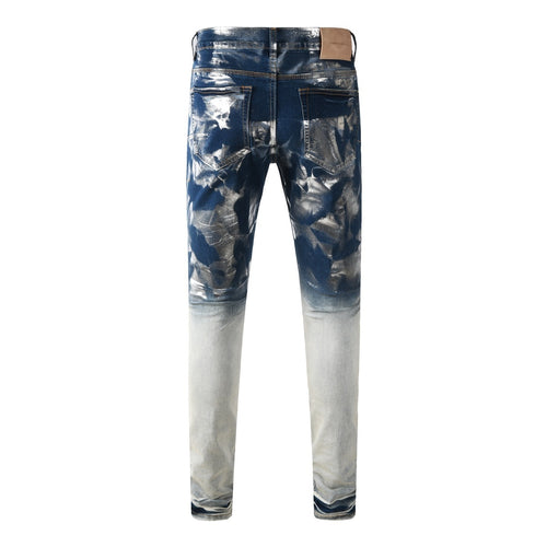 Men's Distressed Blue Skinny Jeans with Silver Coating, Ripped Holes & Button Fly