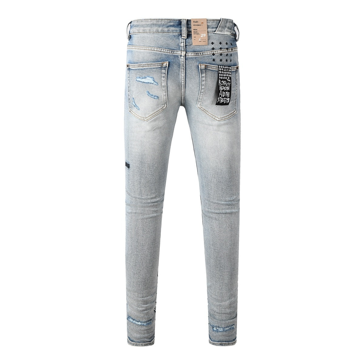 Men’s Light Wash Skinny Jeans - Cross Embroidered Distressed Denim