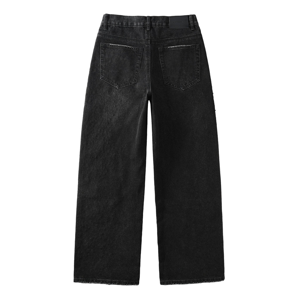 Men's Distressed Black Baggy Jeans with Rhinestones & Street Style