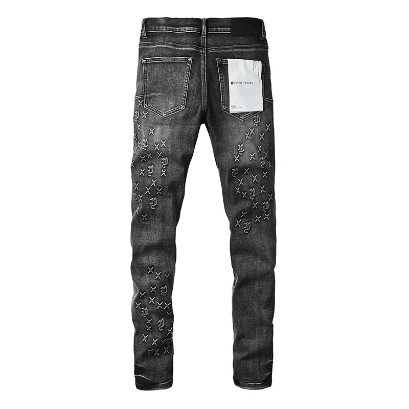 Men's Black Washed Embroidered Cross & Logo Skinny Jeans | Streetwear Slim Fit Denim Pants