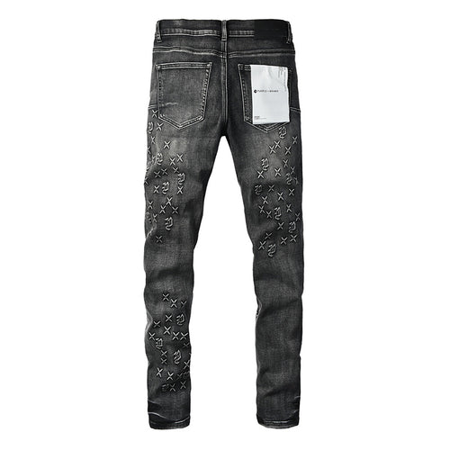 Men's Black Washed Embroidered Cross & Logo Skinny Jeans | Streetwear Slim Fit Denim Pants